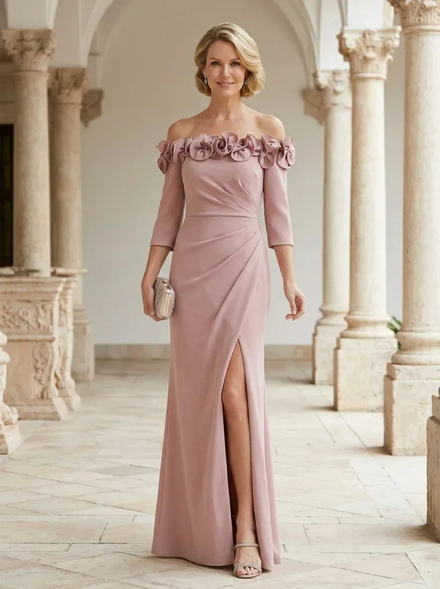 Loverlm dusty rose mother of the bride dress with off-shoulder floral neckline three-quarter sleeves ruched waist and front slit