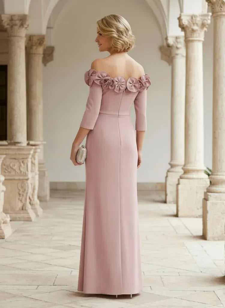 Elegant Sheath Off-Shoulder Three-Quarter-Sleeve Closed-Back Floor-Length Mother of Bride Dress