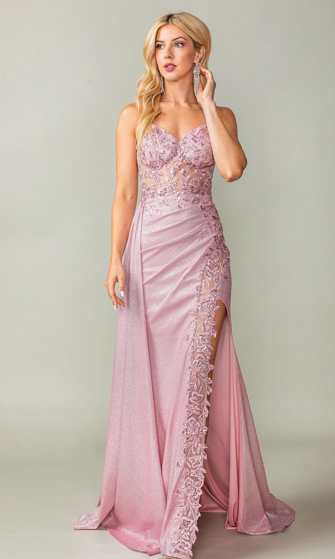 Dusty rose glitter mermaid prom dress with sweetheart neckline, spaghetti straps, floral embroidered illusion bodice, ruched waist and lace-trimmed thigh-high slit by Loverlm