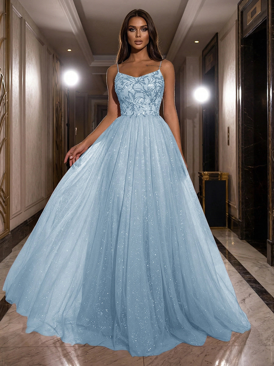 Romantic Dusty Rose Glitter Tulle Ball Gown Scoop-Neck Spaghetti-Strap Zipper-Back Prom Dress