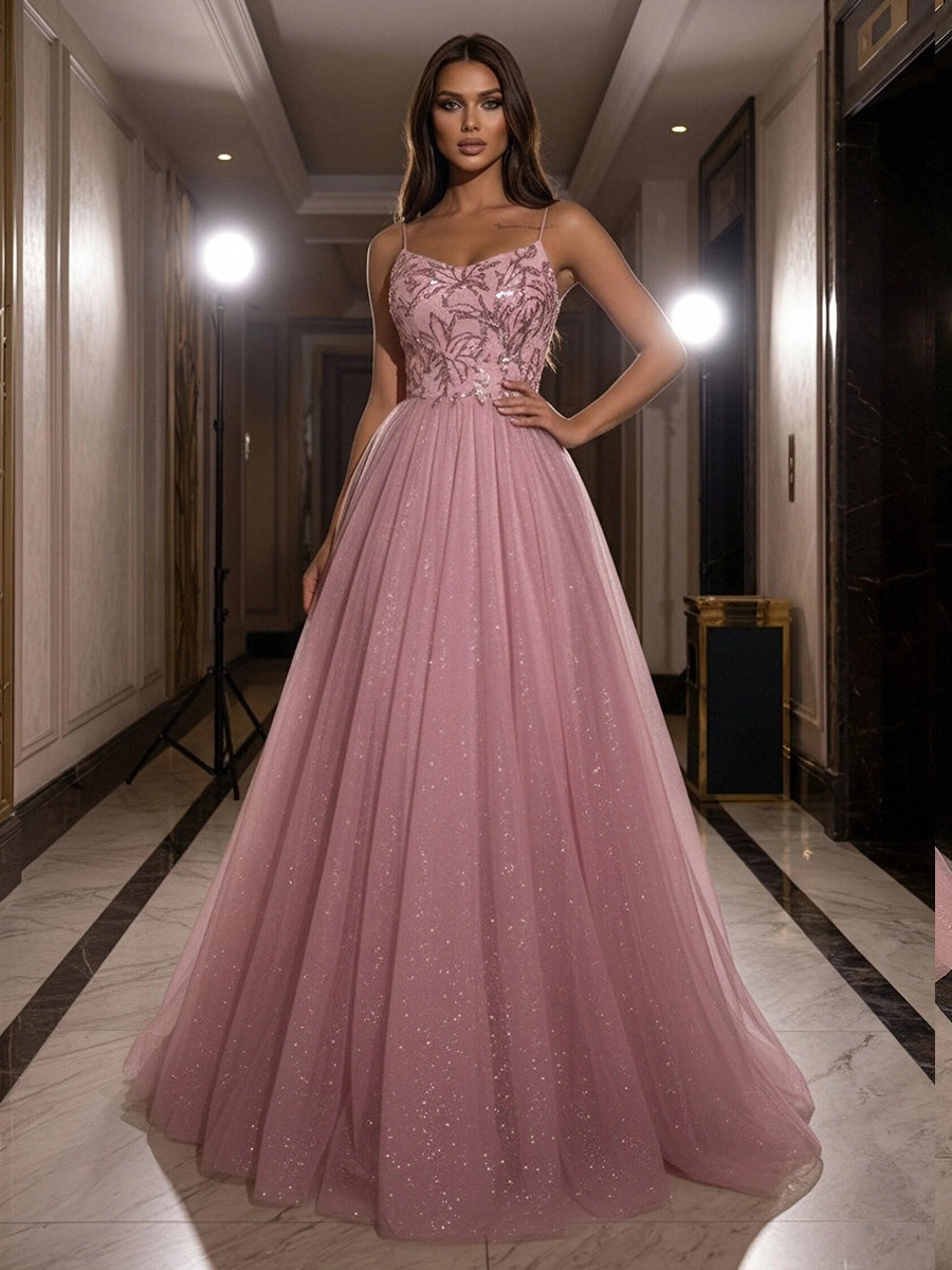 Romantic Dusty Rose Glitter Tulle Ball Gown Scoop-Neck Spaghetti-Strap Zipper-Back Prom Dress