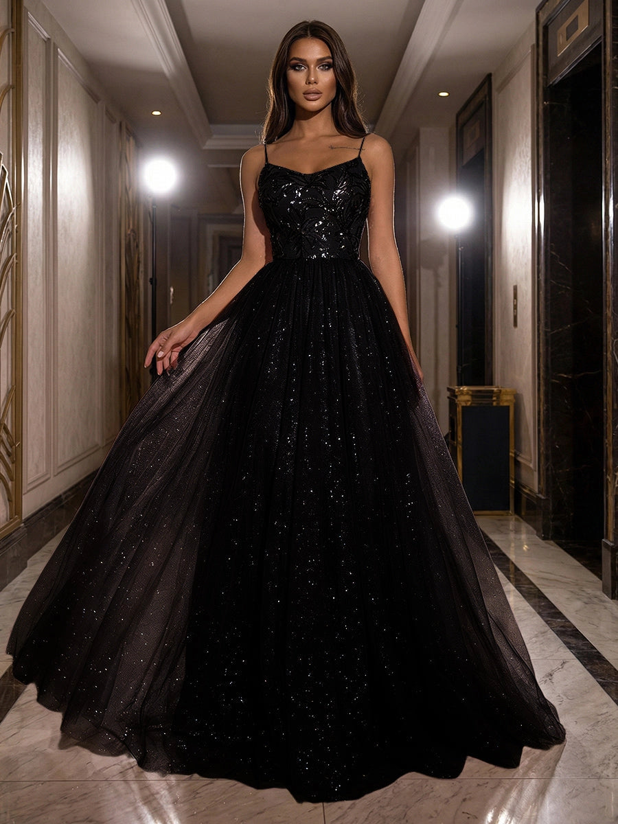 Romantic Dusty Rose Glitter Tulle Ball Gown Scoop-Neck Spaghetti-Strap Zipper-Back Prom Dress