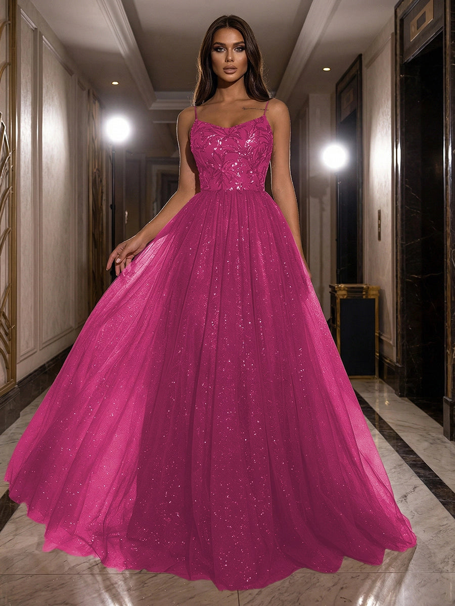 Romantic Dusty Rose Glitter Tulle Ball Gown Scoop-Neck Spaghetti-Strap Zipper-Back Prom Dress
