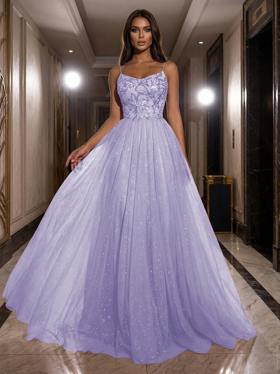 Romantic Dusty Rose Glitter Tulle Ball Gown Scoop-Neck Spaghetti-Strap Zipper-Back Prom Dress