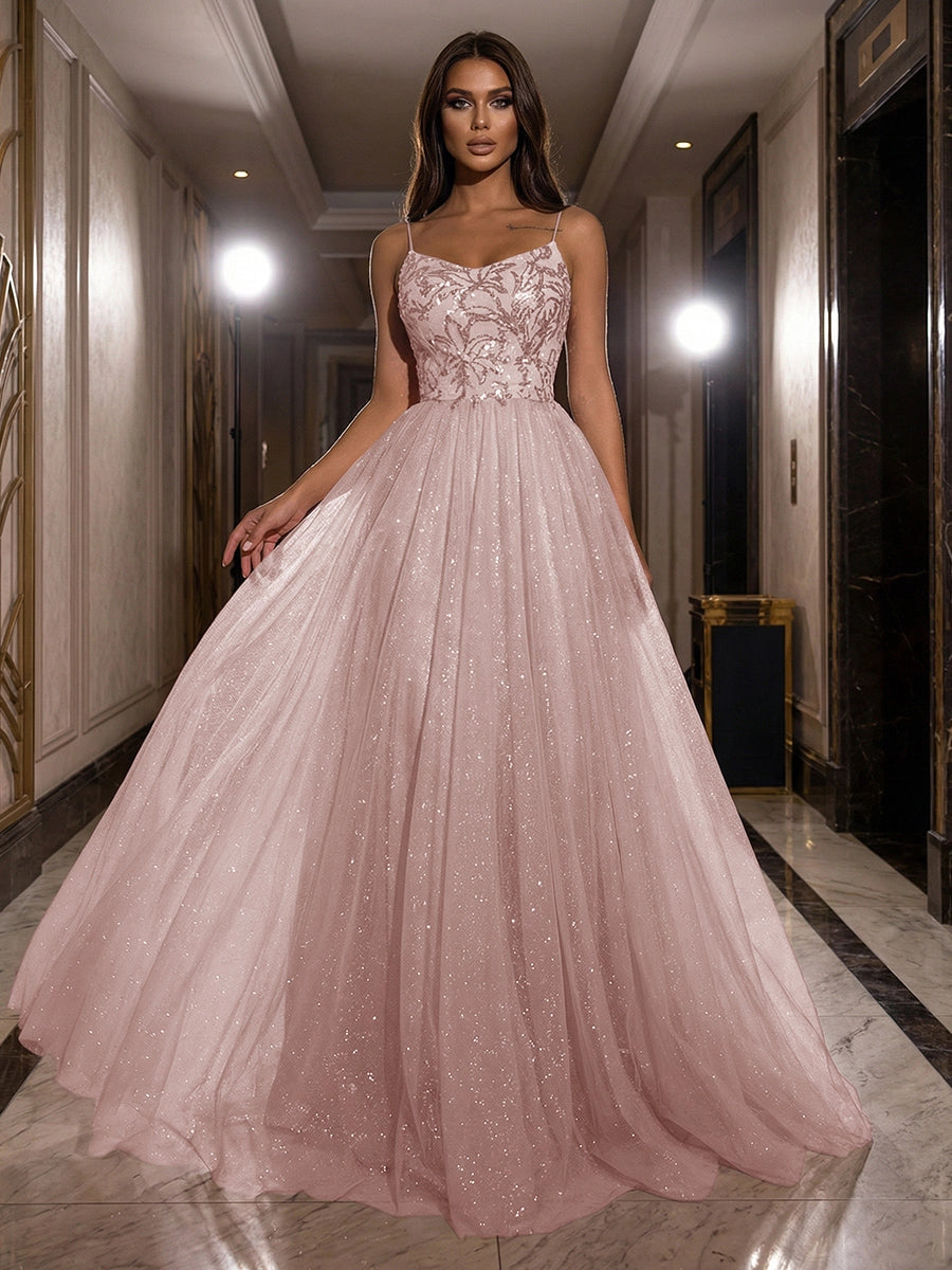 Romantic Dusty Rose Glitter Tulle Ball Gown Scoop-Neck Spaghetti-Strap Zipper-Back Prom Dress