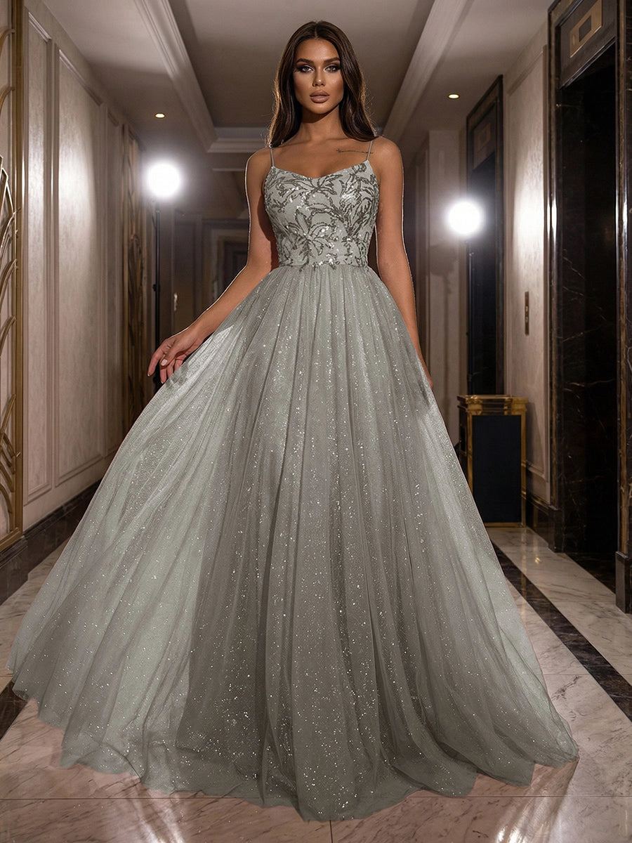 Romantic Dusty Rose Glitter Tulle Ball Gown Scoop-Neck Spaghetti-Strap Zipper-Back Prom Dress