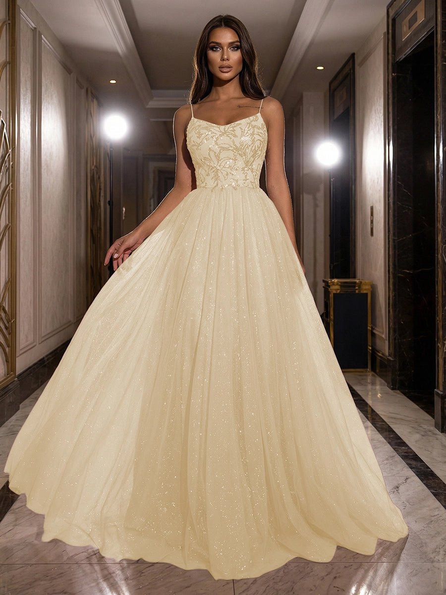 Romantic Dusty Rose Glitter Tulle Ball Gown Scoop-Neck Spaghetti-Strap Zipper-Back Prom Dress