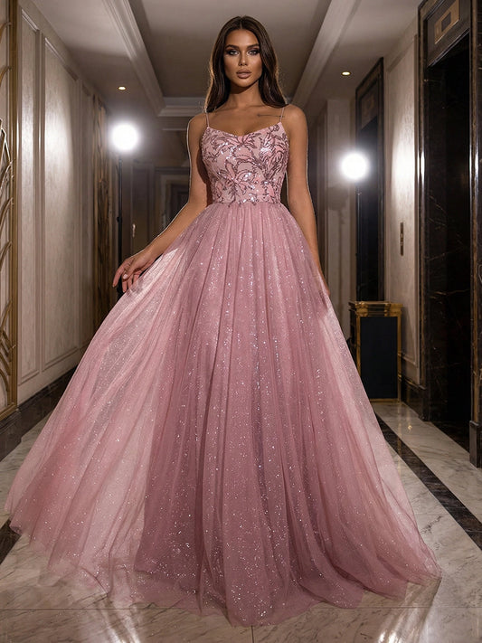Dusty rose glitter tulle ball gown with sequined bodice and spaghetti straps front view
