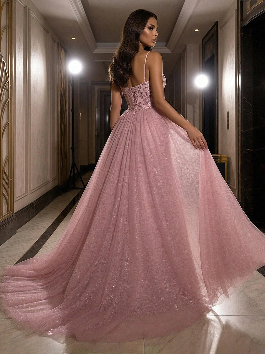 Romantic Dusty Rose Glitter Tulle Ball Gown Scoop-Neck Spaghetti-Strap Zipper-Back Prom Dress