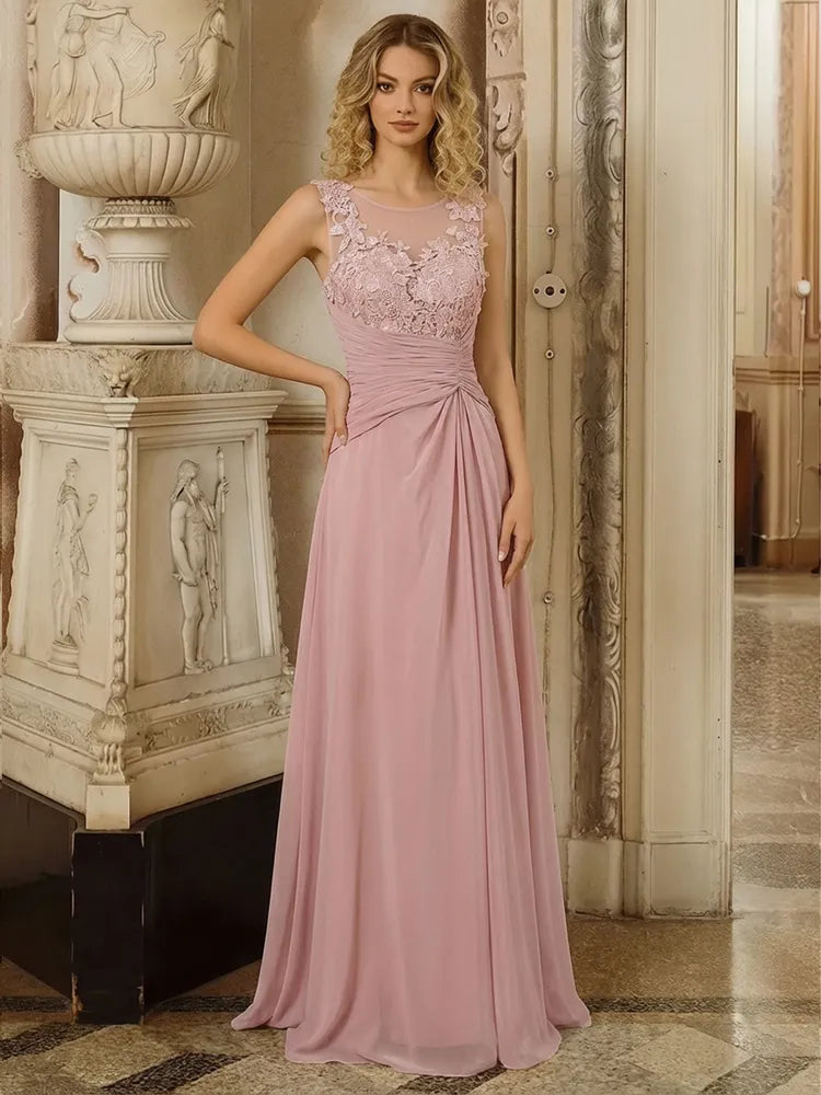 Loverlm dusty rose Mother of the Bride dress with illusion neckline lace bodice ruched waist and floor-length chiffon skirt