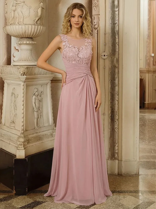 Loverlm dusty rose Mother of the Bride dress with illusion neckline lace bodice ruched waist and floor-length chiffon skirt