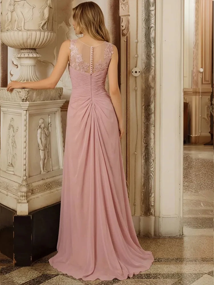 Elegant A-Line Illusion-Neck Sleeveless Chiffon Floor-Length Mother of the Bride Dress
