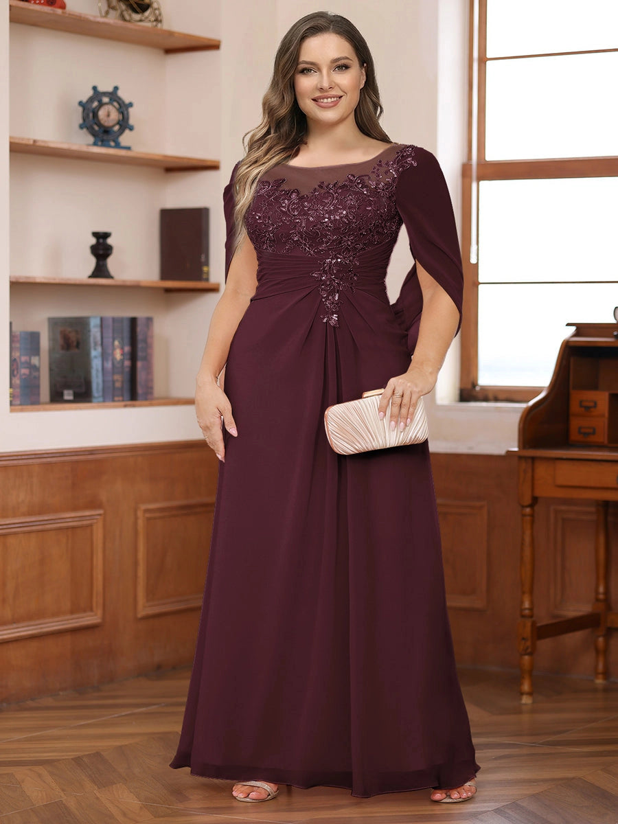 Elegant Dusty-Rose A-Line Illusion-Neck Cape-Sleeve Keyhole-Back Floor-Length Plus-Size Mother of the Bride Dress