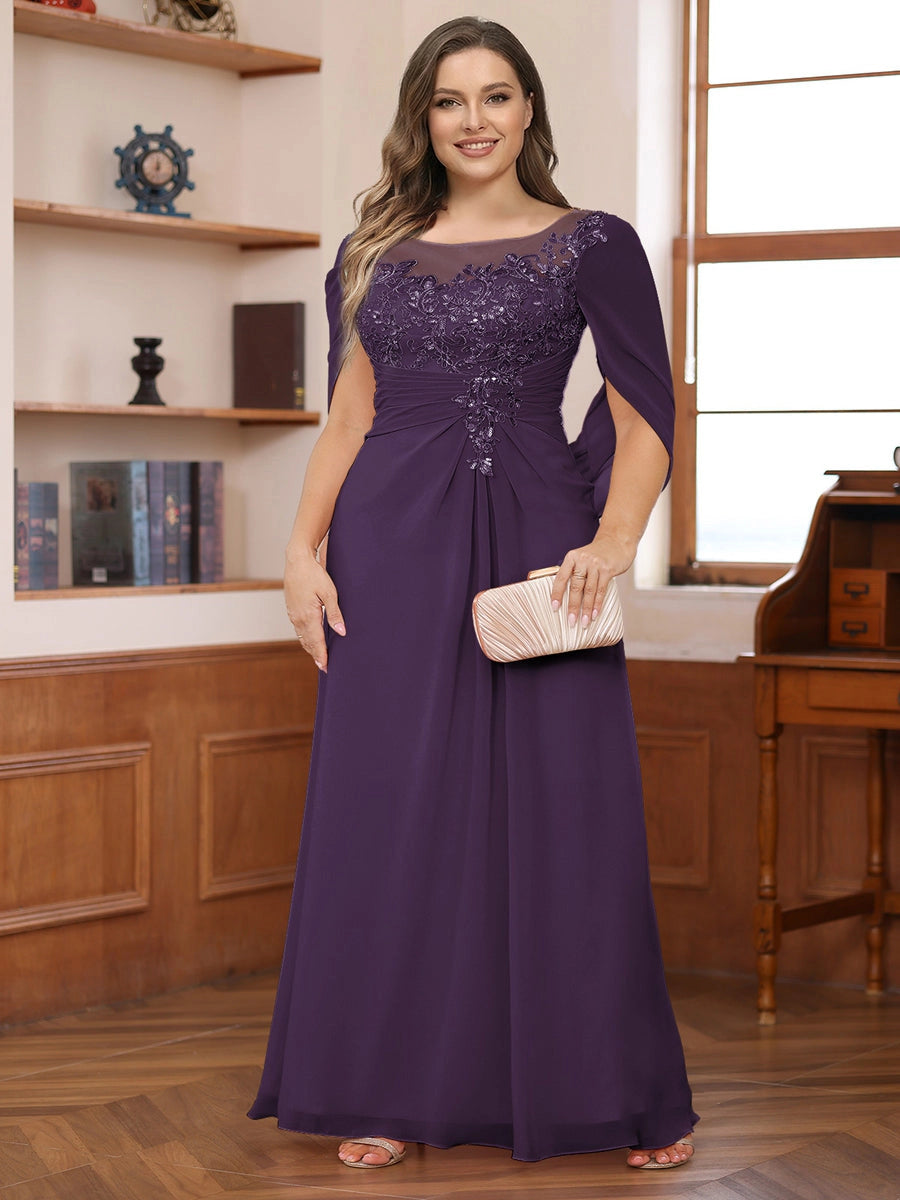 Elegant Dusty-Rose A-Line Illusion-Neck Cape-Sleeve Keyhole-Back Floor-Length Plus-Size Mother of the Bride Dress