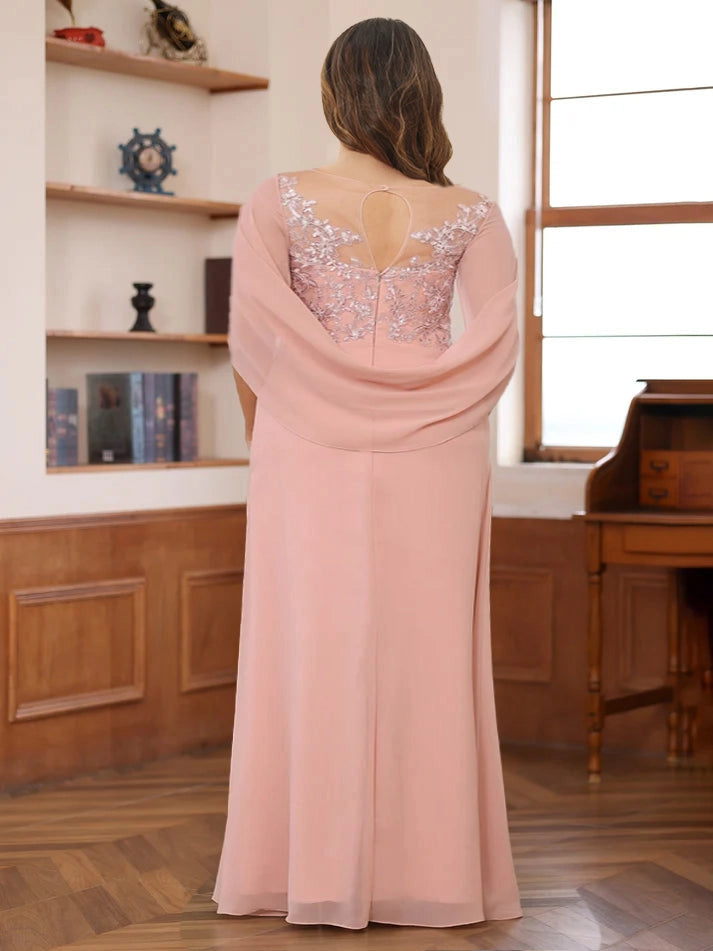Elegant Dusty-Rose A-Line Illusion-Neck Cape-Sleeve Keyhole-Back Floor-Length Plus-Size Mother of the Bride Dress