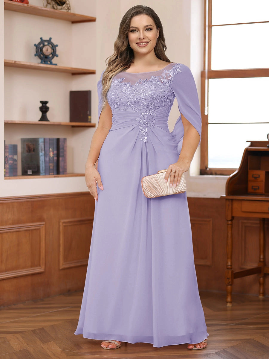 Elegant Dusty-Rose A-Line Illusion-Neck Cape-Sleeve Keyhole-Back Floor-Length Plus-Size Mother of the Bride Dress