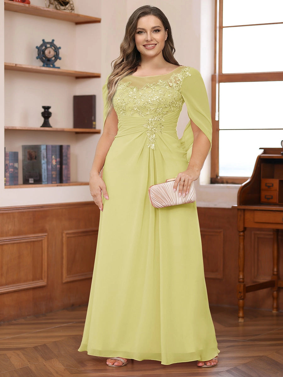 Elegant Dusty-Rose A-Line Illusion-Neck Cape-Sleeve Keyhole-Back Floor-Length Plus-Size Mother of the Bride Dress