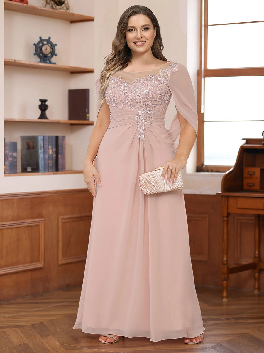 Elegant Dusty-Rose A-Line Illusion-Neck Cape-Sleeve Keyhole-Back Floor-Length Plus-Size Mother of the Bride Dress
