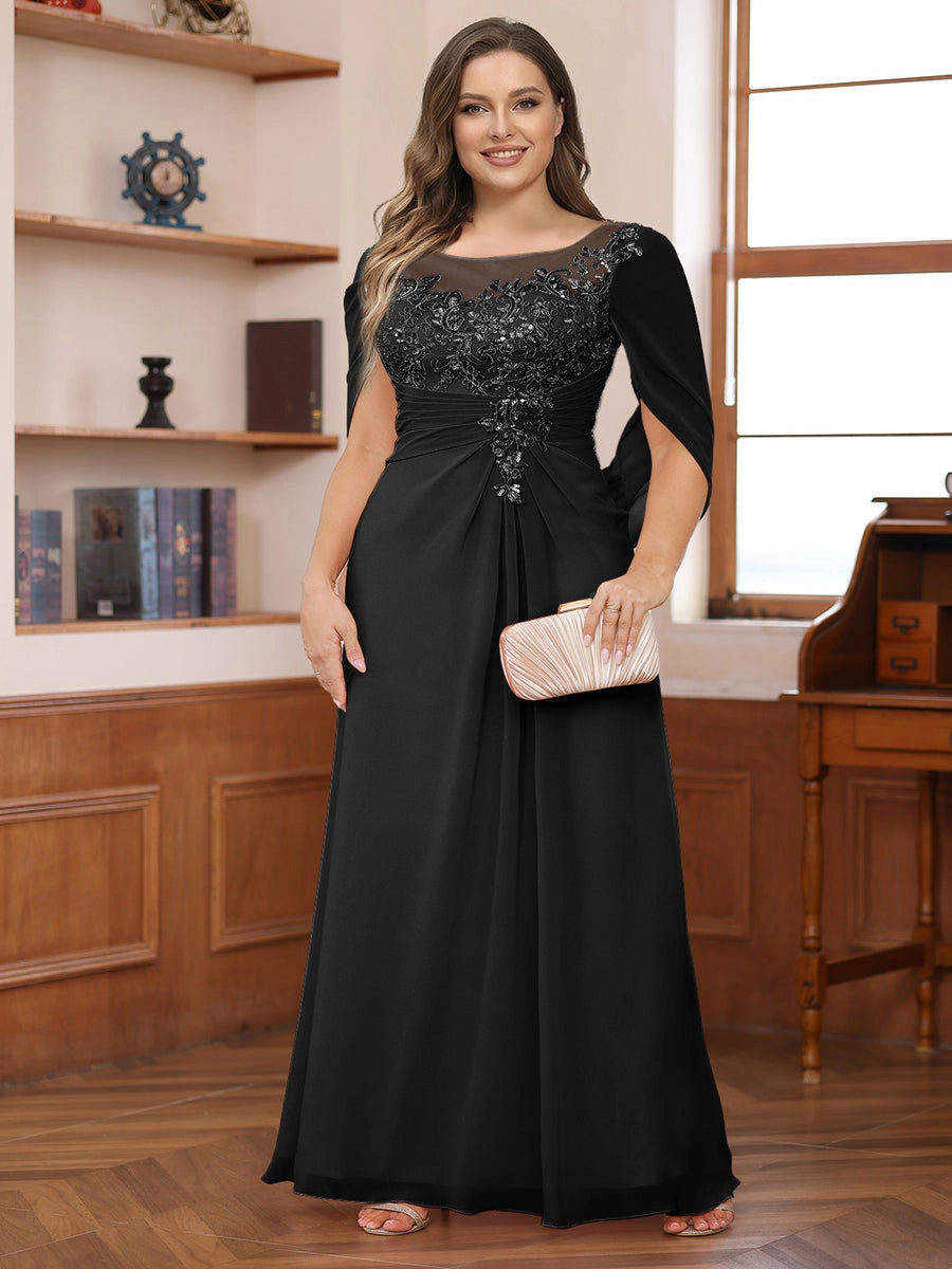 Elegant Dusty-Rose A-Line Illusion-Neck Cape-Sleeve Keyhole-Back Floor-Length Plus-Size Mother of the Bride Dress
