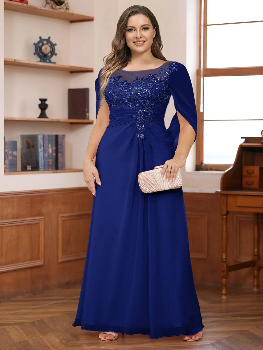 Elegant Dusty-Rose A-Line Illusion-Neck Cape-Sleeve Keyhole-Back Floor-Length Plus-Size Mother of the Bride Dress