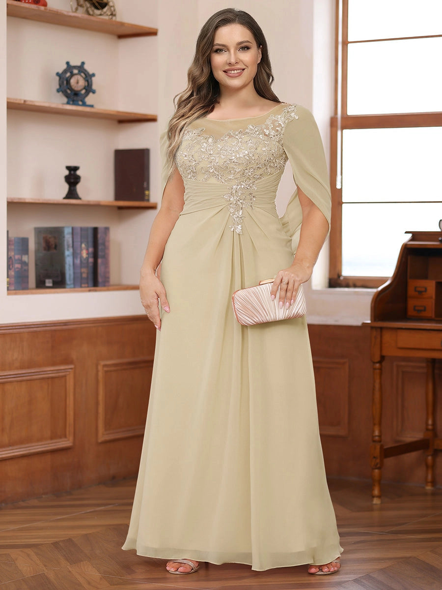 Elegant Dusty-Rose A-Line Illusion-Neck Cape-Sleeve Keyhole-Back Floor-Length Plus-Size Mother of the Bride Dress