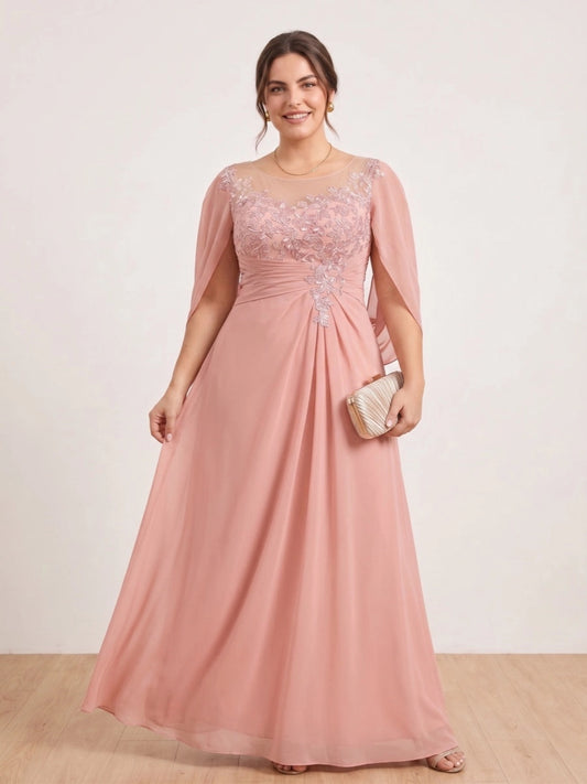 Loverlm dusty rose A-line mother of the bride dress front view with floral lace illusion neckline, draped cape sleeves and flowing floor-length skirt