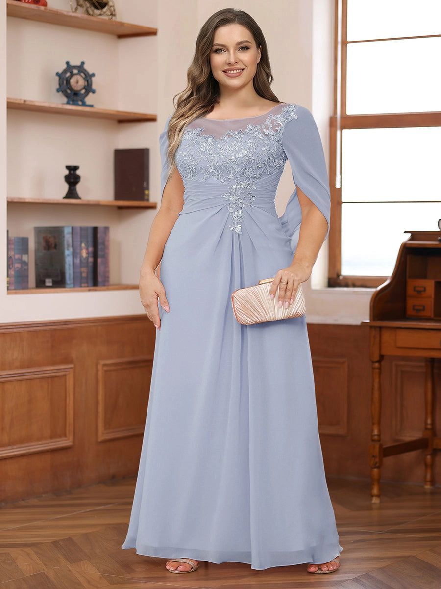 Elegant Dusty-Rose A-Line Illusion-Neck Cape-Sleeve Keyhole-Back Floor-Length Plus-Size Mother of the Bride Dress