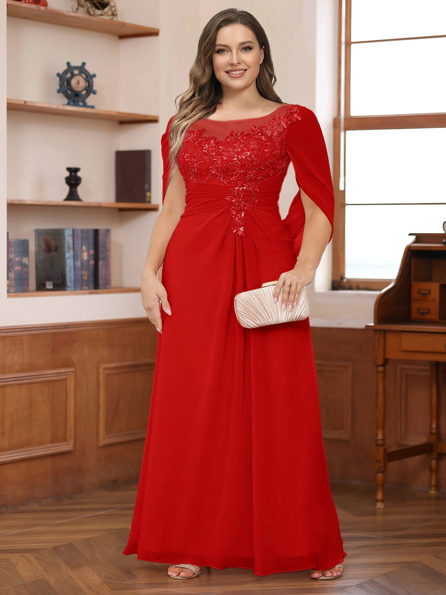 Elegant Dusty-Rose A-Line Illusion-Neck Cape-Sleeve Keyhole-Back Floor-Length Plus-Size Mother of the Bride Dress