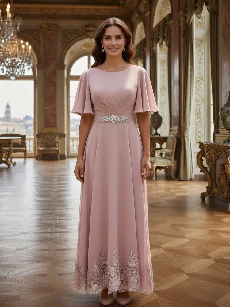 Loverlm dusty rose Mother of the Bride dress with boat neckline flutter sleeves embellished waist lace hem and floor-length A-line skirt