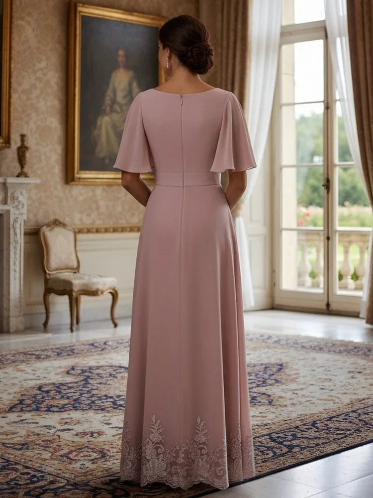 Elegant A-Line Boat-Neck Flutter-Sleeve Chiffon Floor-Length Mother of the Bride Dress