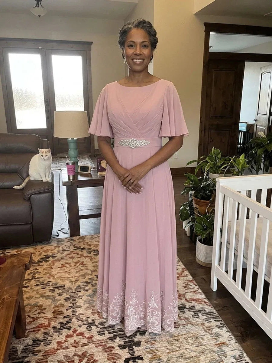 Elegant A-Line Boat-Neck Flutter-Sleeve Chiffon Floor-Length Mother of the Bride Dress