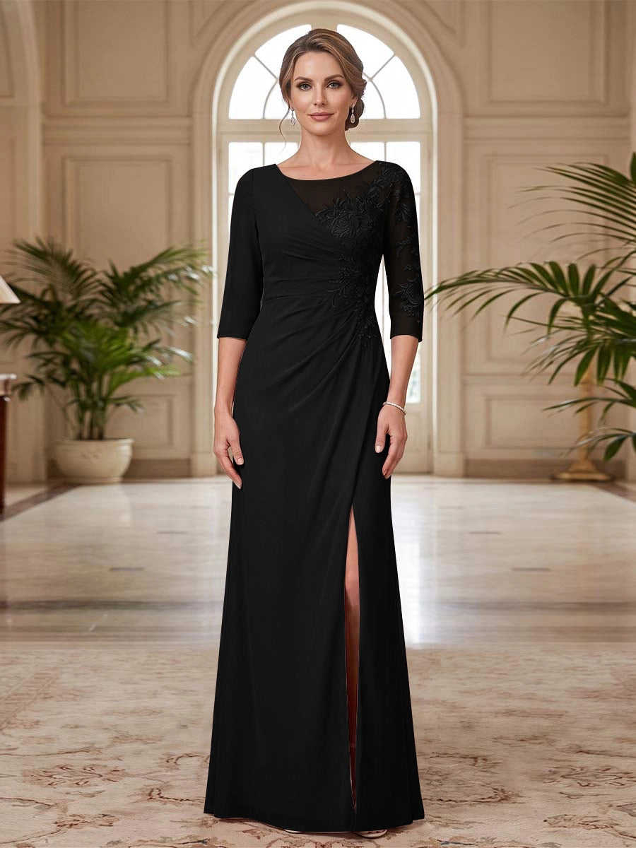 Elegant Sheath Asymmetrical Illusion Neck 3/4 Sleeve Lace Back Slit Floor Length Mother of the Bride Dress