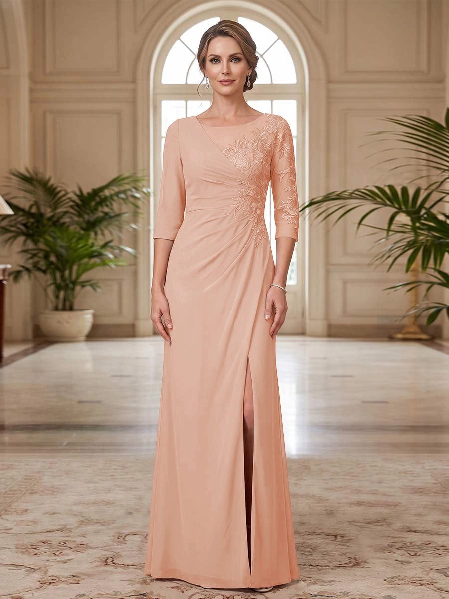 Elegant Sheath Asymmetrical Illusion Neck 3/4 Sleeve Lace Back Slit Floor Length Mother of the Bride Dress