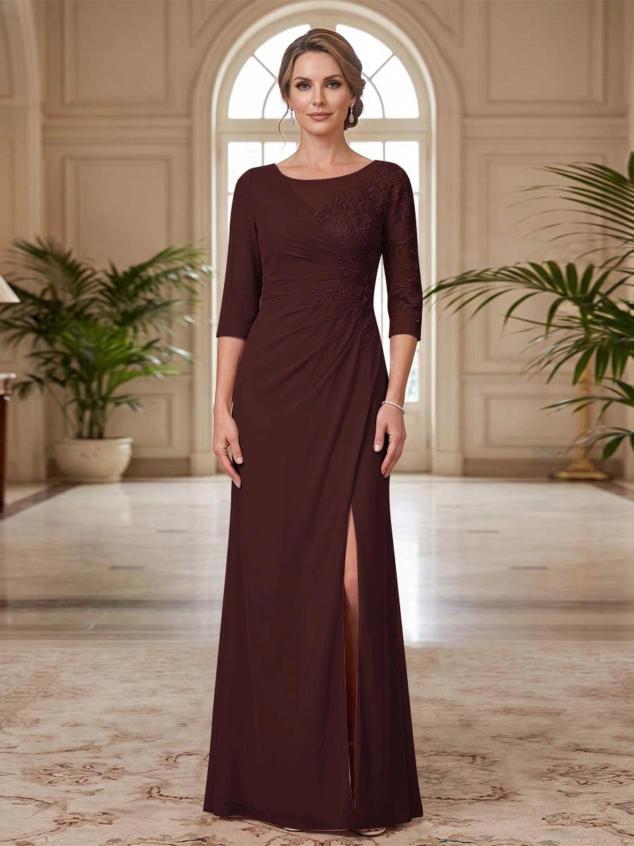 Elegant Sheath Asymmetrical Illusion Neck 3/4 Sleeve Lace Back Slit Floor Length Mother of the Bride Dress