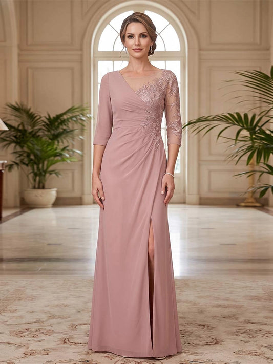Loverlm dusty rose sheath mother of the bride dress with lace bodice ruched waist and front slit