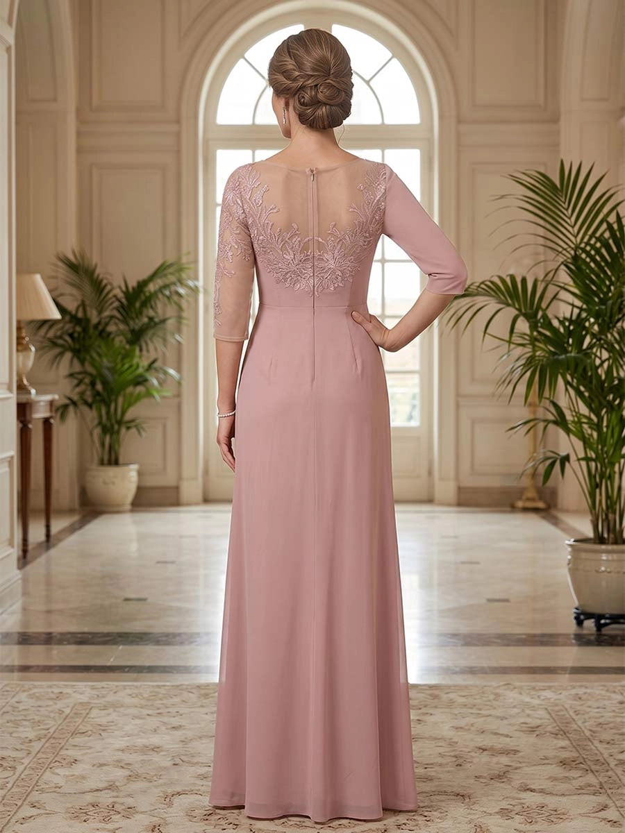 Elegant Sheath Asymmetrical Illusion Neck 3/4 Sleeve Lace Back Slit Floor Length Mother of the Bride Dress