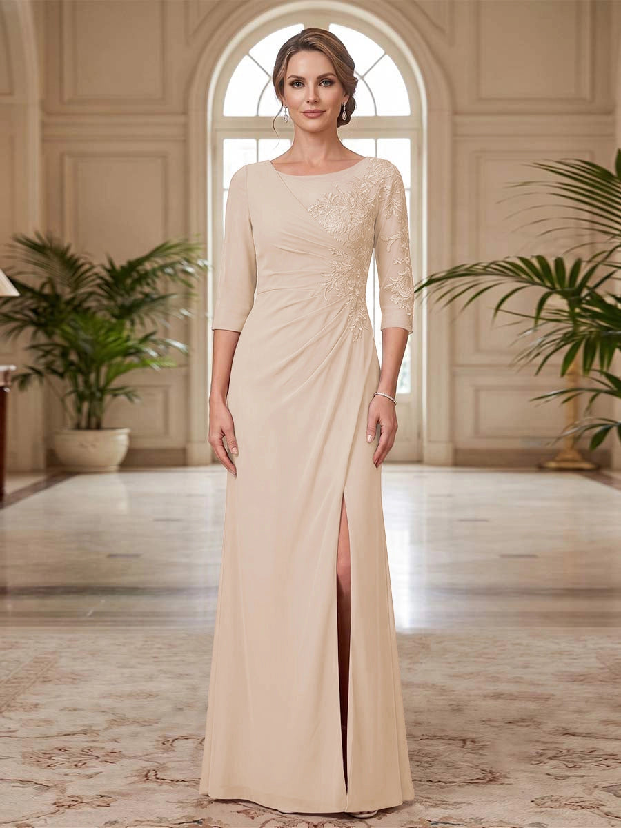 Elegant Sheath Asymmetrical Illusion Neck 3/4 Sleeve Lace Back Slit Floor Length Mother of the Bride Dress
