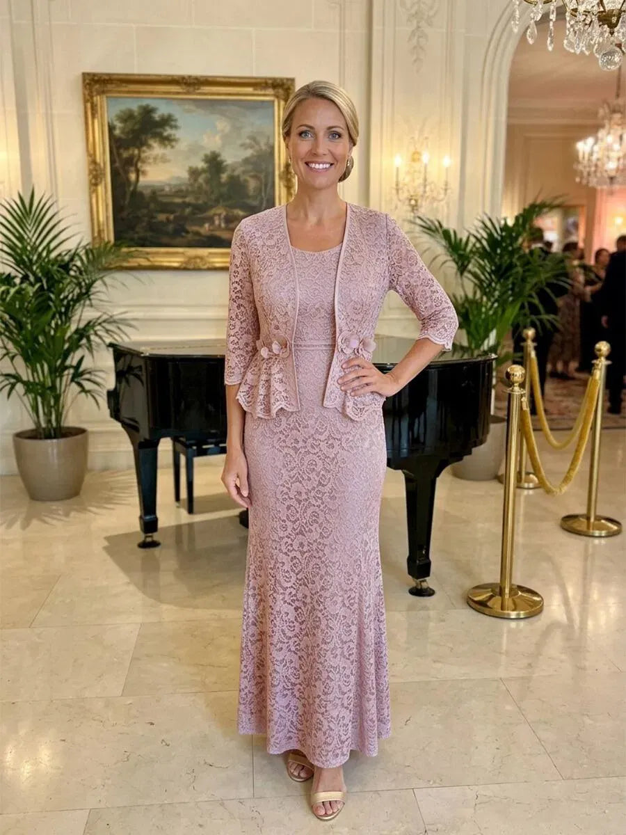 Elegant Sheath Scoop-Neck Three-Quarter-Sleeve Closed-Back Lace Mother of Bride Dress