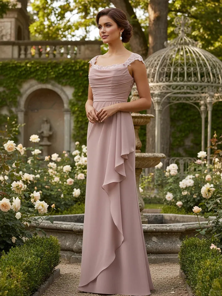 Elegant A-Line Square-Neck Lace Cap-Sleeve Floor-Length Mother of the Bride Dress