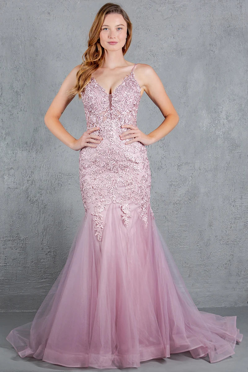 Loverlm dusty rose lace V-neck mermaid floor-length prom dress front view