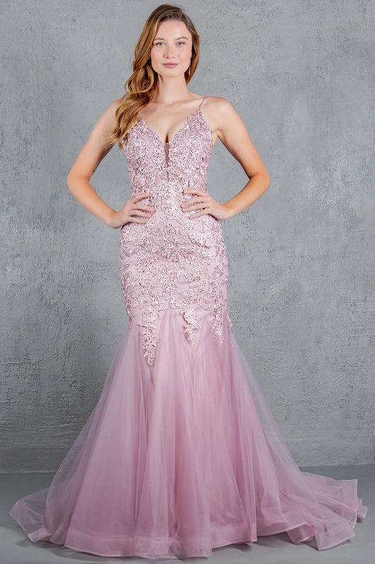 Loverlm dusty rose lace V-neck mermaid floor-length prom dress front view