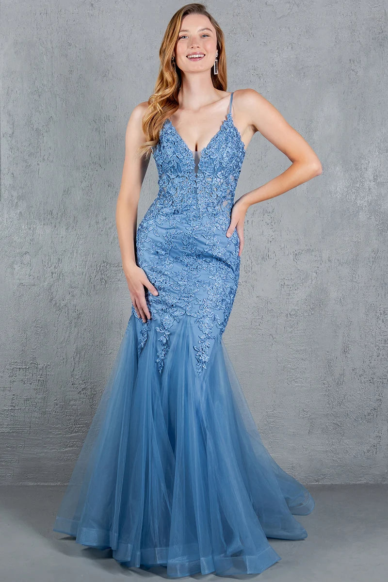 Romantic Mermaid V-Neck Spaghetti-Strap Zipper-Back Floor-Length Prom Dress
