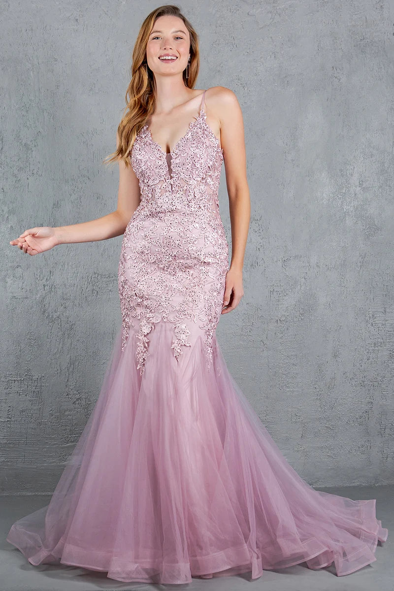 Romantic Mermaid V-Neck Spaghetti-Strap Zipper-Back Floor-Length Prom Dress