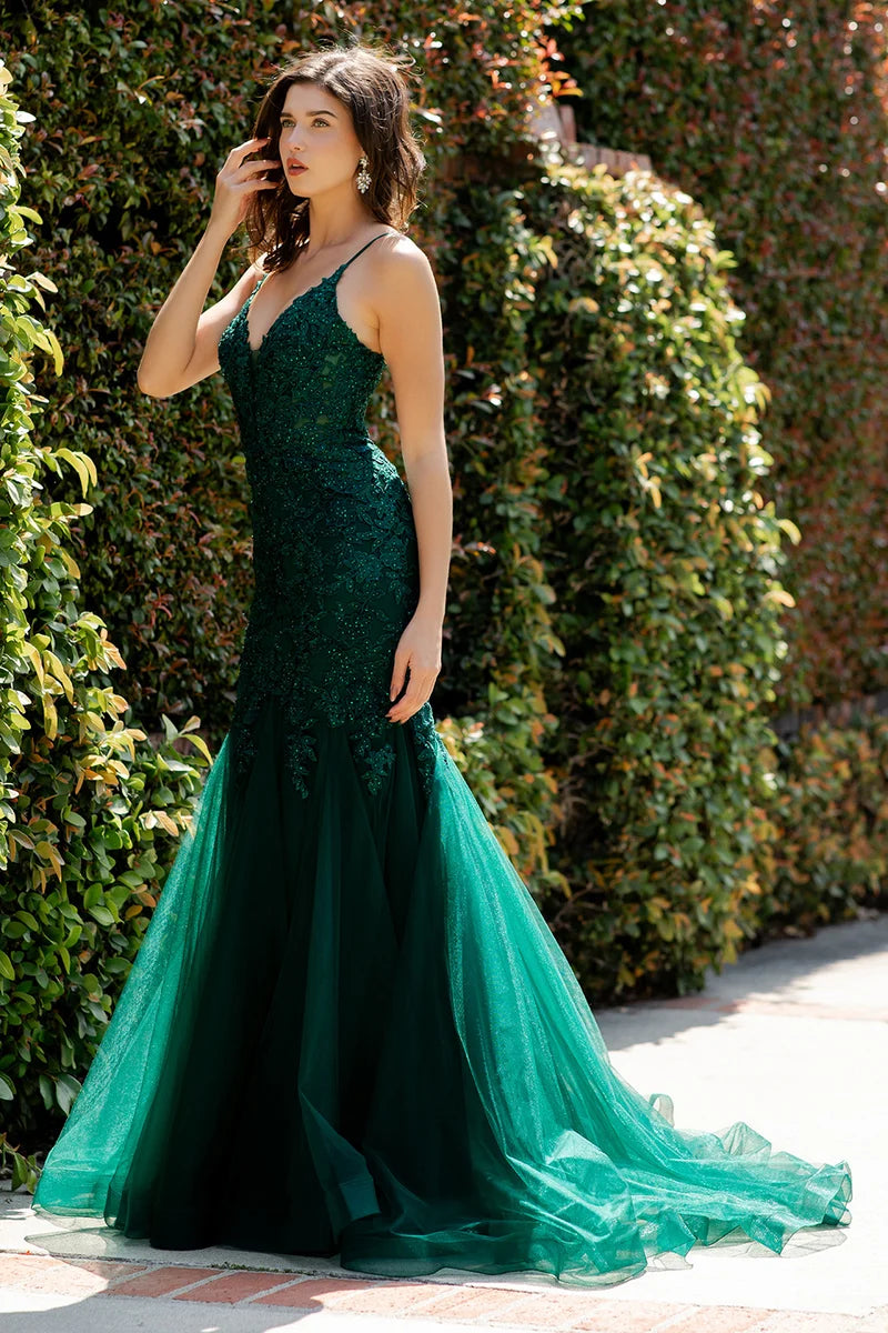 Romantic Mermaid V-Neck Spaghetti-Strap Zipper-Back Floor-Length Prom Dress