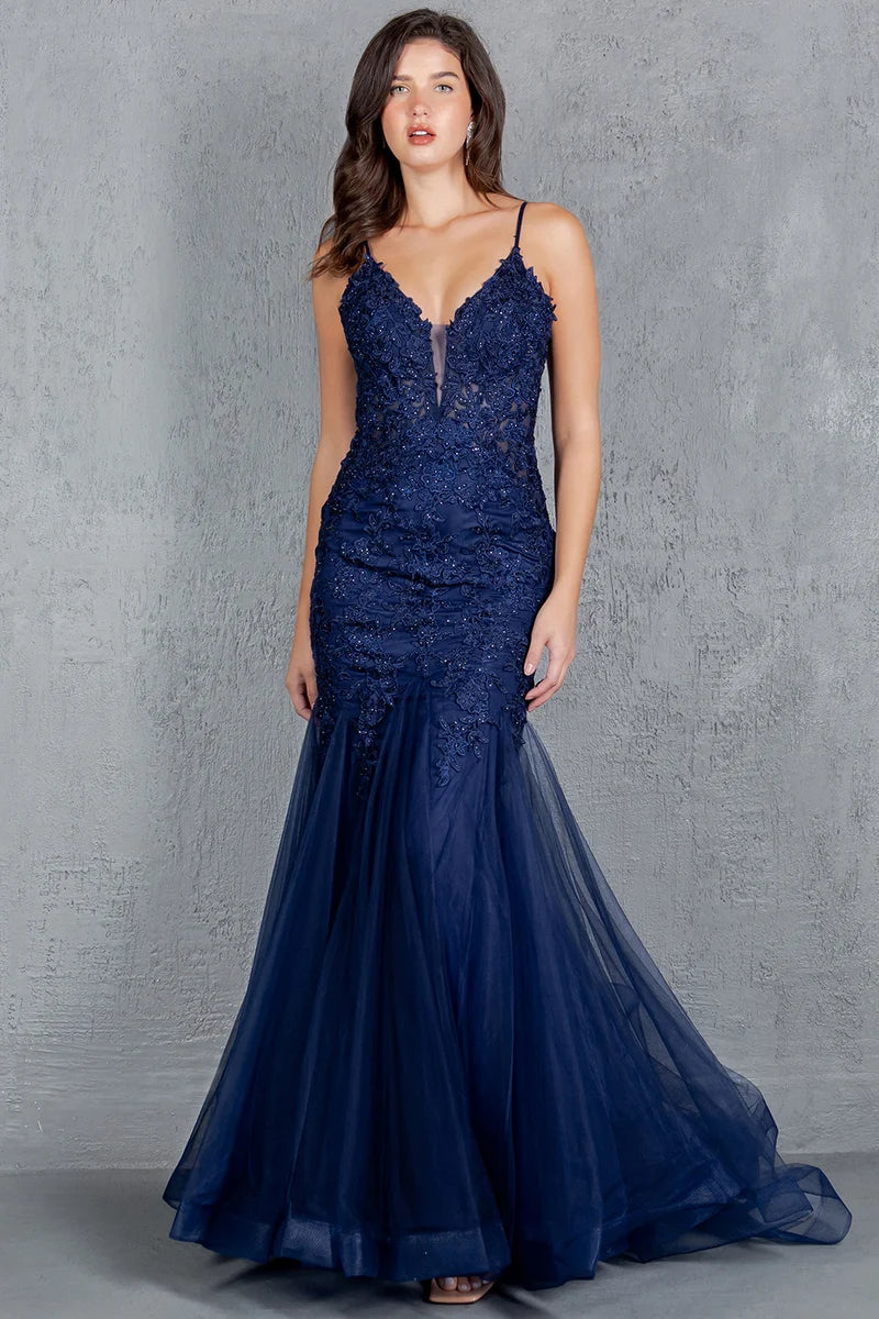 Romantic Mermaid V-Neck Spaghetti-Strap Zipper-Back Floor-Length Prom Dress