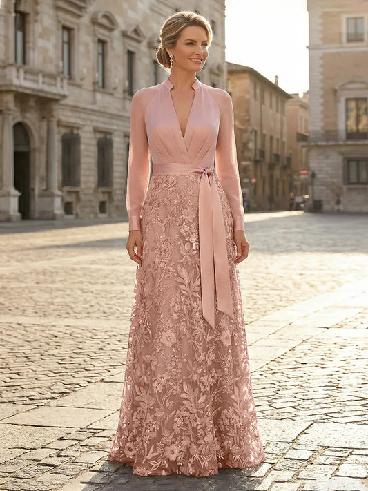 Loverlm dusty rose lace Mother of the Bride dress with V-neck long sleeves tie waist and floor-length A-line skirt