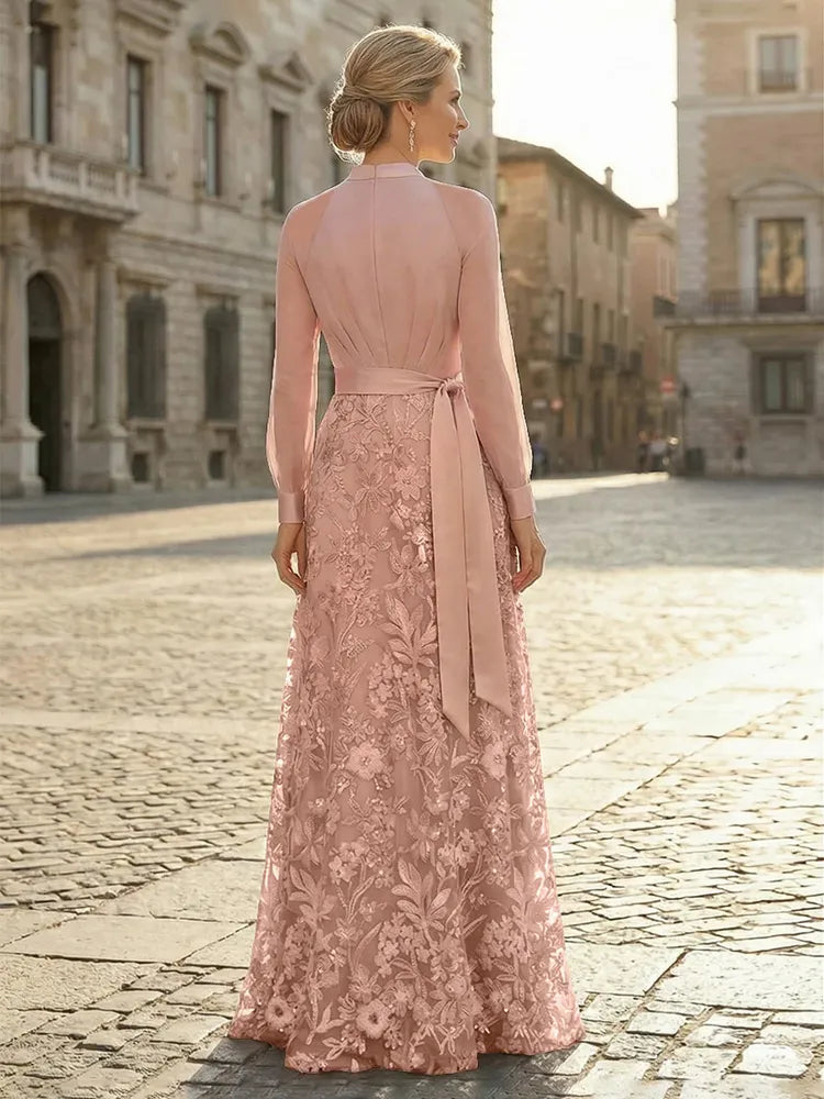 Elegant A-Line V-Neck Long-Sleeve Lace Floor-Length Mother of the Bride Dress