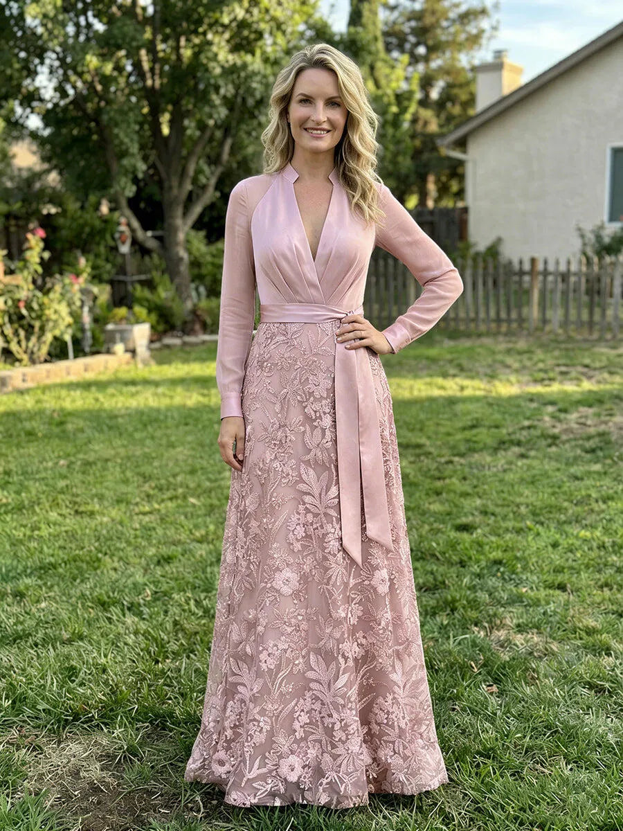 Elegant A-Line V-Neck Long-Sleeve Lace Floor-Length Mother of the Bride Dress