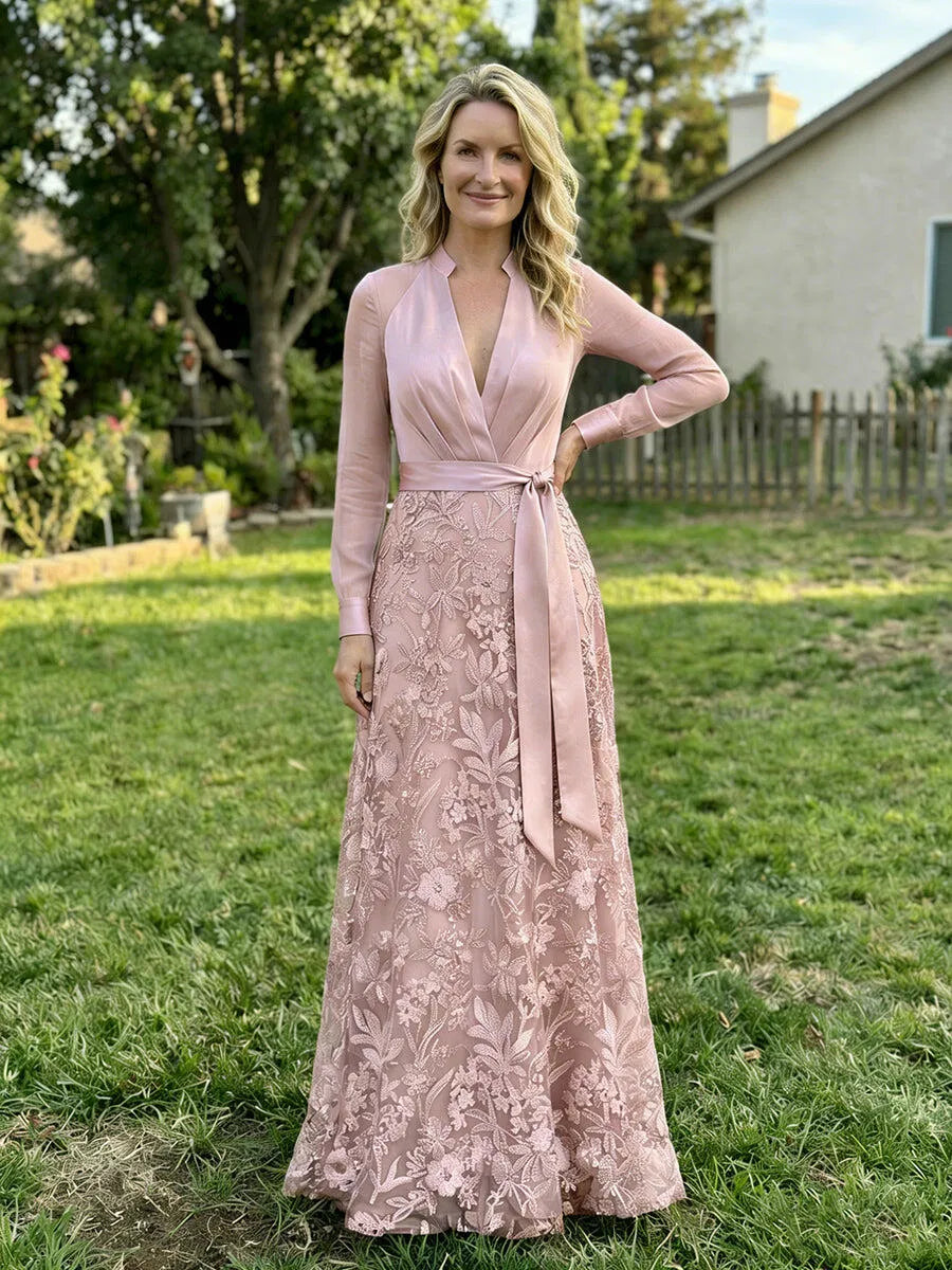 Elegant A-Line V-Neck Long-Sleeve Lace Floor-Length Mother of the Bride Dress