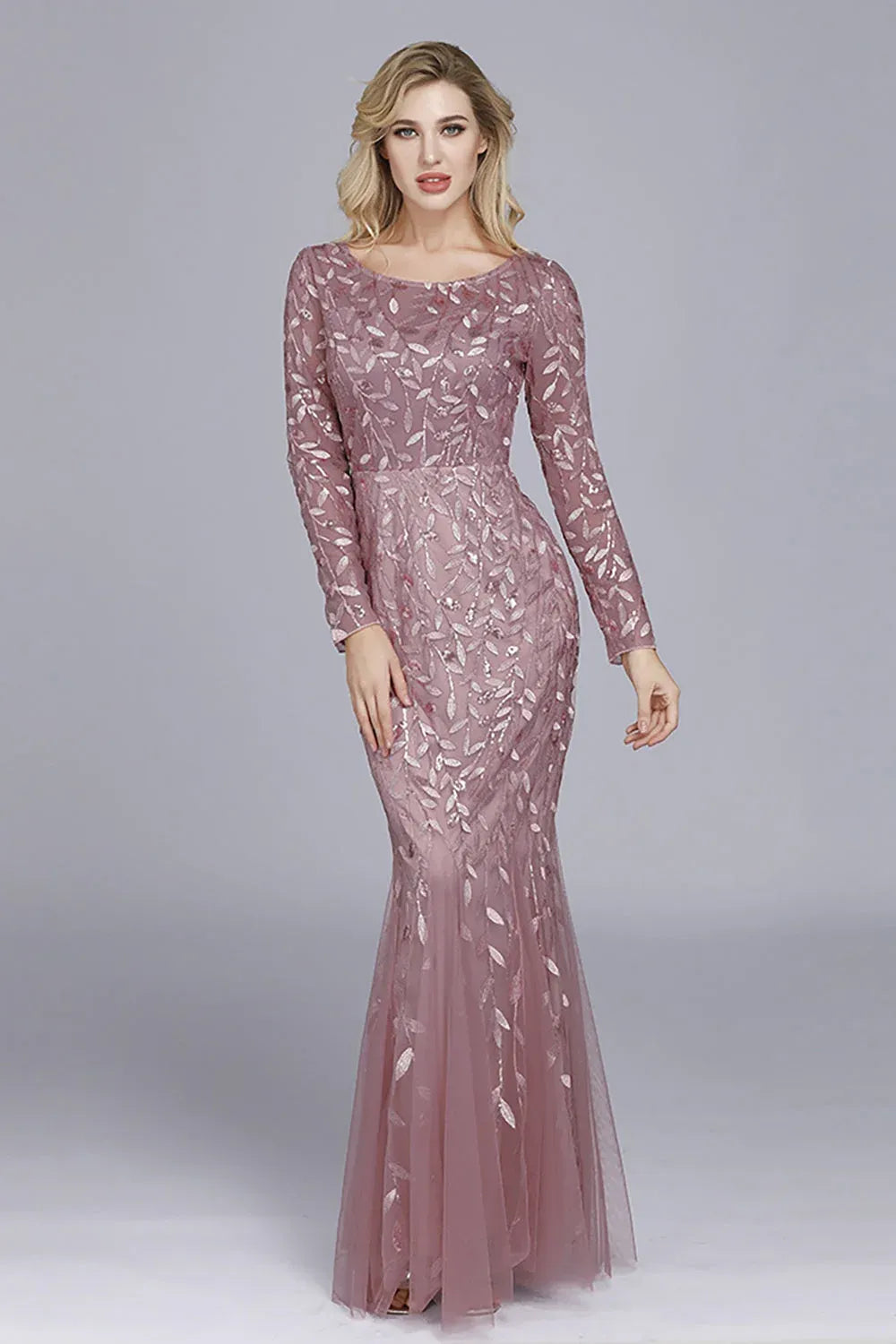 Loverlm dusty rose sequin tulle evening dress with a scoop neckline, sheer long sleeves and a fitted floor-length mermaid silhouette, front view.